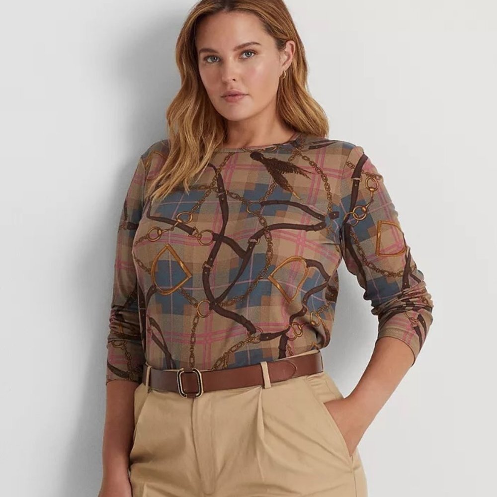 Lauren Ralph Lauren Plus-Size Plaid Stretch Cotton Long-Sleeve T-Shirt
